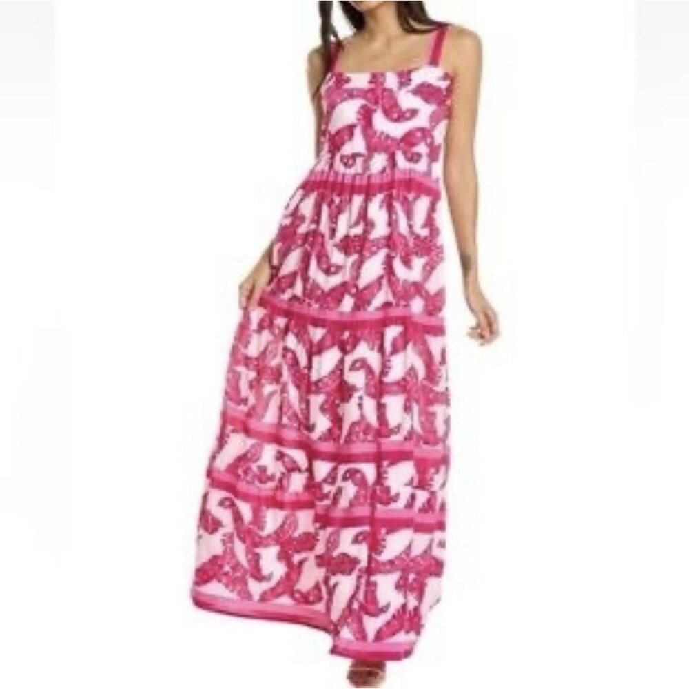 Bindu Pink White Leaf Block Print Smocked Maxi Dress Size Small Boho Rayon
